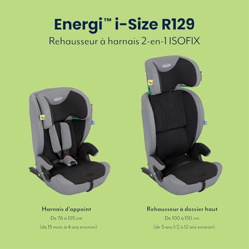 Graco Energi i-Size R129 - Rehausseur gris/noir pour enfants 76-150 cm, 15 mois - 12 ans, face à la route, ISOFIX et att