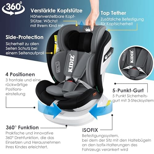 KIDIZ® Siège auto Isofix Top Tether pour enfant | Siège auto pivotant 360° pour bébé | Siège auto groupe 0/1/2/3 dès la
